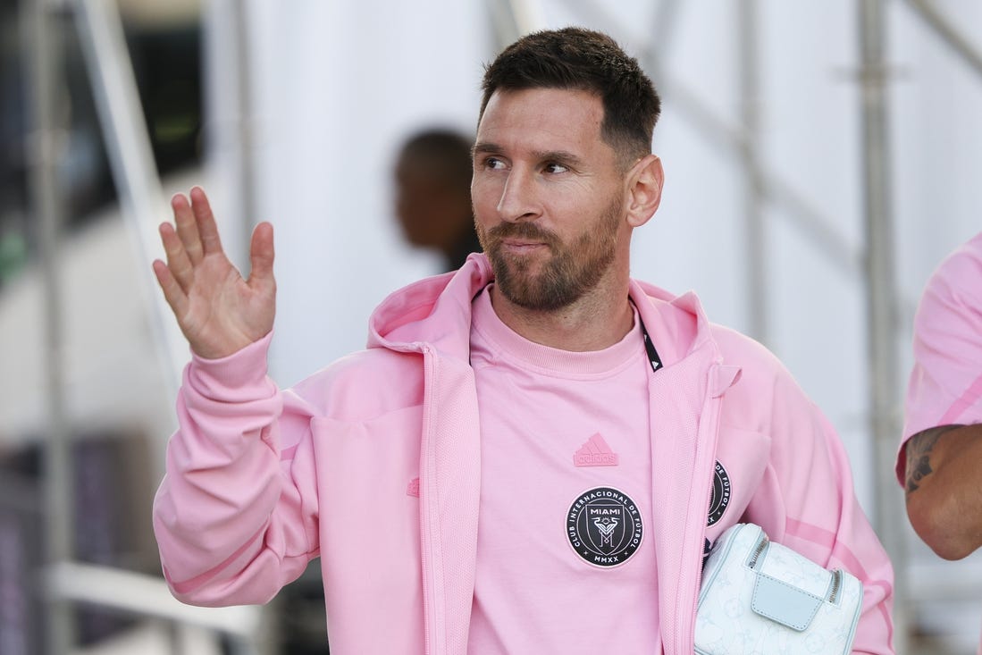 Mar 13, 2024; Fort Lauderdale, FL, USA;  Inter Miami CF forward Lionel Messi (10) arrives for a Concacaf round of sixteen match against Nashville SC at Chase Stadium. Mandatory Credit: Nathan Ray Seebeck-USA TODAY Sports