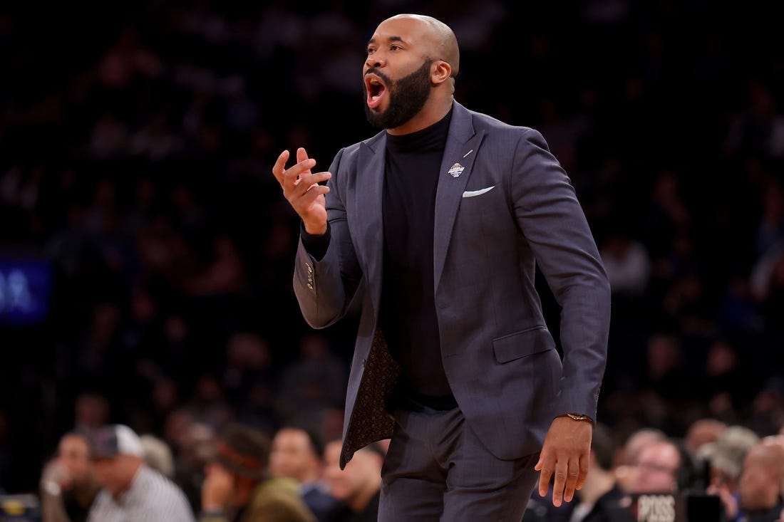 Mar 13, 2024; New York City, NY, USA; Villanova Wildcats head coach Kyle Neptune coaches against the DePaul Blue Demons during the first half at Madison Square Garden. Mandatory Credit: Brad Penner-USA TODAY Sports