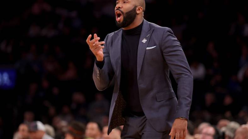 Mar 13, 2024; New York City, NY, USA; Villanova Wildcats head coach Kyle Neptune coaches against the DePaul Blue Demons during the first half at Madison Square Garden. Mandatory Credit: Brad Penner-USA TODAY Sports