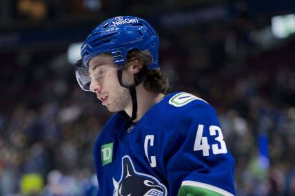 Mar 13, 2024; Vancouver, British Columbia, CAN; Vancouver Canucks defenseman Quinn Hughes (43) skates during warm up prior to a game against the Colorado Avalanche at Rogers Arena. Mandatory Credit: Bob Frid-USA TODAY Sports
