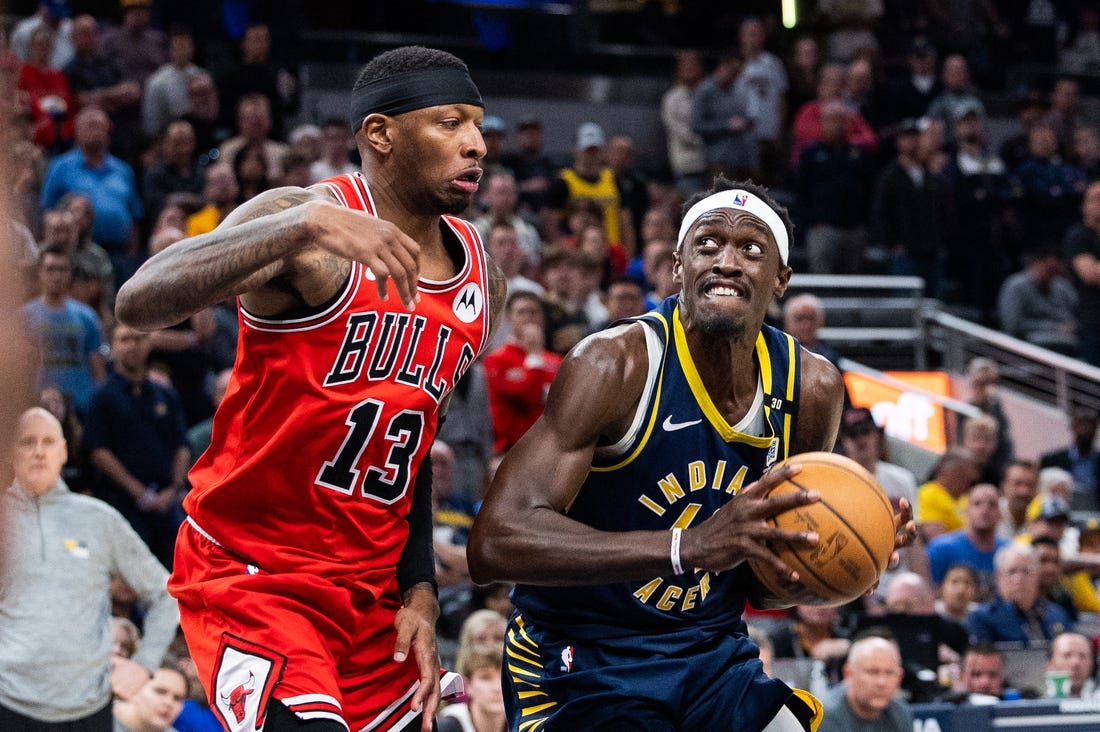 Mar 13, 2024; Indianapolis, Indiana, USA; Indiana Pacers forward Pascal Siakam (43) shoots the ball while Chicago Bulls forward Torrey Craig (13) defends in the second half at Gainbridge Fieldhouse. Mandatory Credit: Trevor Ruszkowski-USA TODAY Sports