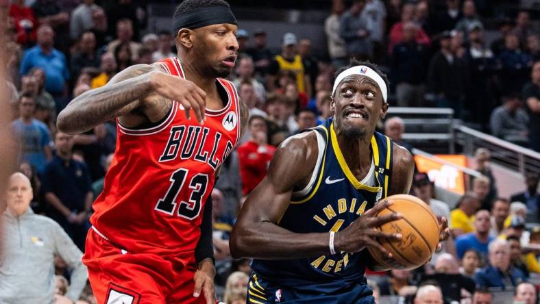 Mar 13, 2024; Indianapolis, Indiana, USA; Indiana Pacers forward Pascal Siakam (43) shoots the ball while Chicago Bulls forward Torrey Craig (13) defends in the second half at Gainbridge Fieldhouse. Mandatory Credit: Trevor Ruszkowski-USA TODAY Sports