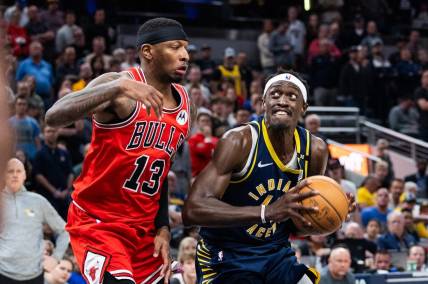 Mar 13, 2024; Indianapolis, Indiana, USA; Indiana Pacers forward Pascal Siakam (43) shoots the ball while Chicago Bulls forward Torrey Craig (13) defends in the second half at Gainbridge Fieldhouse. Mandatory Credit: Trevor Ruszkowski-USA TODAY Sports
