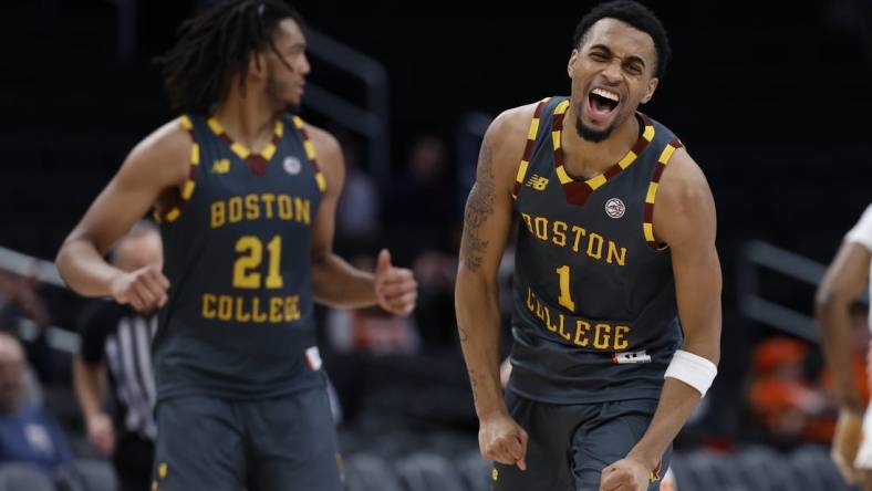 Mar 13, 2024; Washington, D.C., USA; Boston College Eagles guard Claudell Harris Jr. (1) celebrates after making a three point field goal against the Clemson Tigers in the second half at Capital One Arena. Mandatory Credit: Geoff Burke-USA TODAY Sports