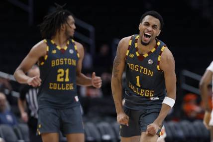 Mar 13, 2024; Washington, D.C., USA; Boston College Eagles guard Claudell Harris Jr. (1) celebrates after making a three point field goal against the Clemson Tigers in the second half at Capital One Arena. Mandatory Credit: Geoff Burke-USA TODAY Sports