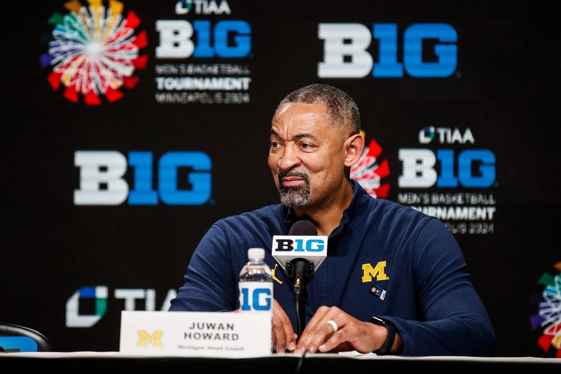 Michigan head coach Juwan Howard answers a question during the post game press conference after First Round loss to Penn State at the Big Ten tournament at Target Center in Minneapolis, Minn. on Wednesday, March 13, 2024.