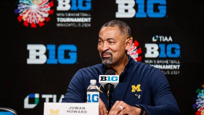 Michigan head coach Juwan Howard answers a question during the post game press conference after First Round loss to Penn State at the Big Ten tournament at Target Center in Minneapolis, Minn. on Wednesday, March 13, 2024.