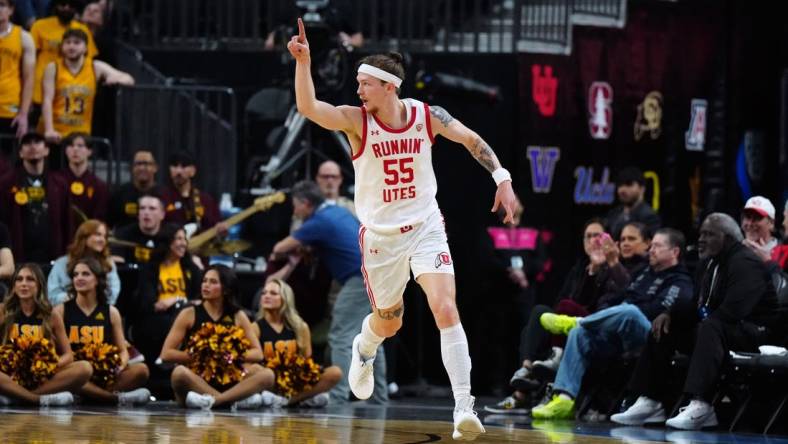 Mar 13, 2024; Las Vegas, NV, USA; Utah Utes guard Gabe Madsen (55) celebrates against the Arizona State Sun Devils in the first half at T-Mobile Arena. Mandatory Credit: Kirby Lee-USA TODAY Sports