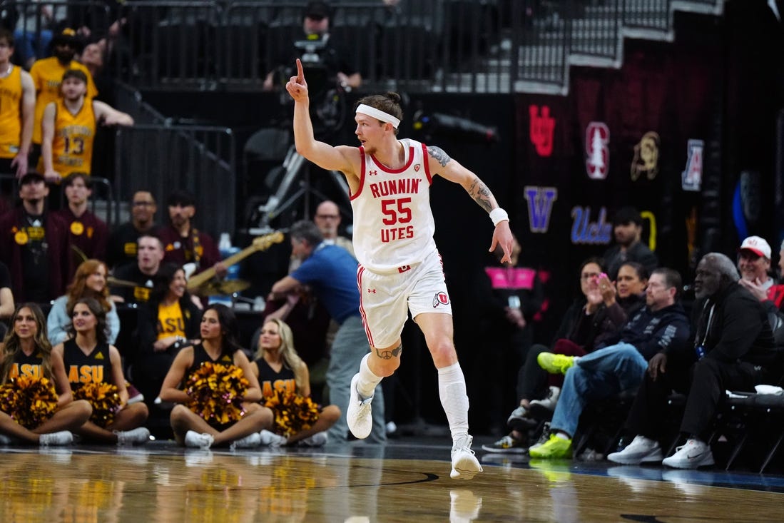 Mar 13, 2024; Las Vegas, NV, USA; Utah Utes guard Gabe Madsen (55) celebrates against the Arizona State Sun Devils in the first half at T-Mobile Arena. Mandatory Credit: Kirby Lee-USA TODAY Sports