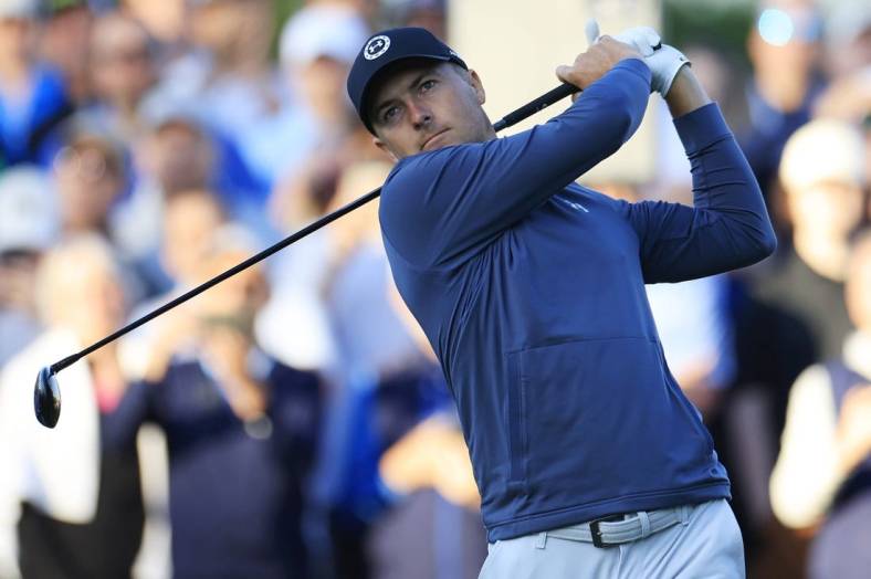 Jordan Spieth plays his shot from the tenth tee during the first round of The Players Championship PGA golf tournament Thursday, March 14, 2024 at TPC Sawgrass in Ponte Vedra Beach, Fla.