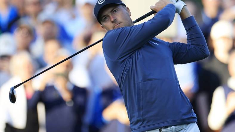 Jordan Spieth plays his shot from the tenth tee during the first round of The Players Championship PGA golf tournament Thursday, March 14, 2024 at TPC Sawgrass in Ponte Vedra Beach, Fla.