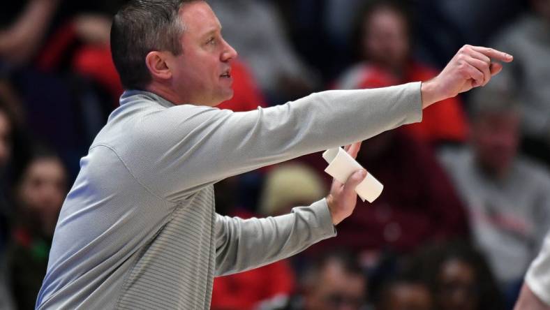 Mar 13, 2024; Nashville, TN, USA; Georgia Bulldogs head coach Mike White yells from the sideline during the second half against the Missouri Tigers at Bridgestone Arena. Mandatory Credit: Christopher Hanewinckel-USA TODAY Sports