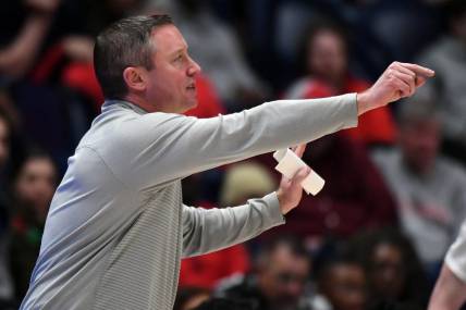 Mar 13, 2024; Nashville, TN, USA; Georgia Bulldogs head coach Mike White yells from the sideline during the second half against the Missouri Tigers at Bridgestone Arena. Mandatory Credit: Christopher Hanewinckel-USA TODAY Sports