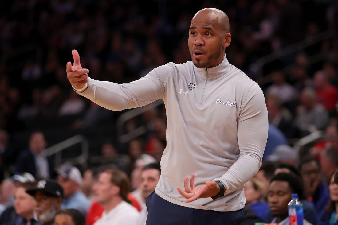 Mar 14, 2024; New York City, NY, USA; Seton Hall Pirates head coach Shaheen Holloway coaches against the St. John's Red Storm during the first half at Madison Square Garden. Mandatory Credit: Brad Penner-USA TODAY Sports