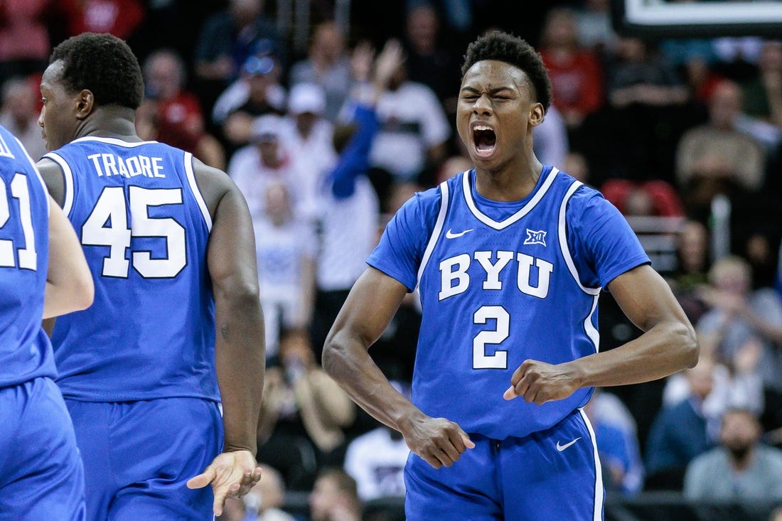 Mar 14, 2024; Kansas City, MO, USA; Brigham Young Cougars guard Jaxson Robinson (2) reacts to a play during the second half against the Texas Tech Red Raiders at T-Mobile Center. Mandatory Credit: William Purnell-USA TODAY Sports