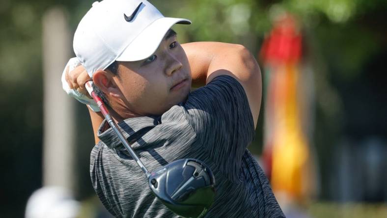 Mar 7, 2024; Orlando, Florida, USA;  Tom Kim hits his drive on the first tee during the first round of the Arnold Palmer Invitational golf tournament. Mandatory Credit: Reinhold Matay-USA TODAY Sports