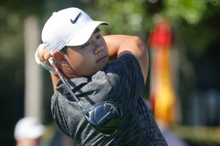 Mar 7, 2024; Orlando, Florida, USA;  Tom Kim hits his drive on the first tee during the first round of the Arnold Palmer Invitational golf tournament. Mandatory Credit: Reinhold Matay-USA TODAY Sports