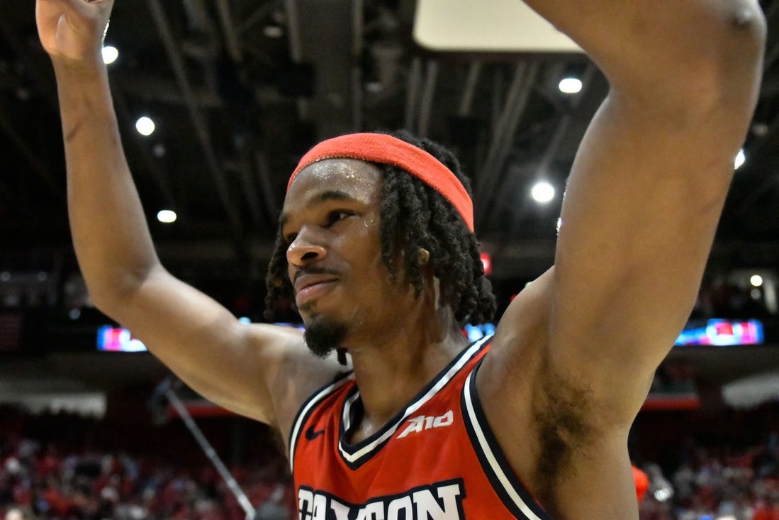 Mar 8, 2024; Dayton, Ohio, USA;  Dayton Flyers forward DaRon Holmes II (15) celebrates after defeating the Virginia Commonwealth Rams in overtime at University of Dayton Arena. Mandatory Credit: Matt Lunsford-USA TODAY Sports