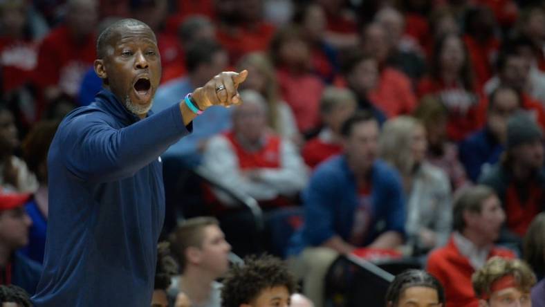 Mar 8, 2024; Dayton, Ohio, USA;  Dayton Flyers head coach Anthony Grant calls a play during the first half of the game against the Virginia Commonwealth Rams at University of Dayton Arena. Mandatory Credit: Matt Lunsford-USA TODAY Sports