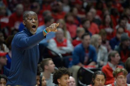 Mar 8, 2024; Dayton, Ohio, USA;  Dayton Flyers head coach Anthony Grant calls a play during the first half of the game against the Virginia Commonwealth Rams at University of Dayton Arena. Mandatory Credit: Matt Lunsford-USA TODAY Sports