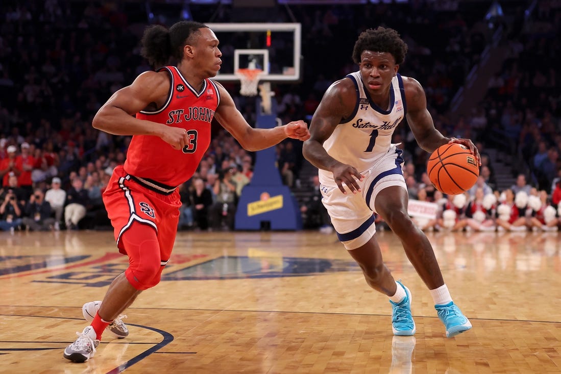 Mar 14, 2024; New York City, NY, USA; Seton Hall Pirates guard Kadary Richmond (1) drives to the basket against St. John's Red Storm guard Jordan Dingle (3) during the second half at Madison Square Garden. Mandatory Credit: Brad Penner-USA TODAY Sports