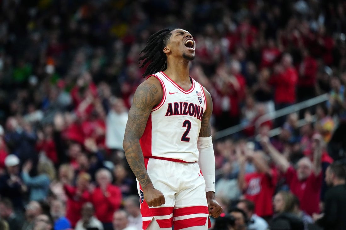 Mar 14, 2024; Las Vegas, NV, USA; Arizona Wildcats guard Caleb Love (2) celebrates against the Southern California Trojans in the second half at T-Mobile Arena. Mandatory Credit: Kirby Lee-USA TODAY Sports