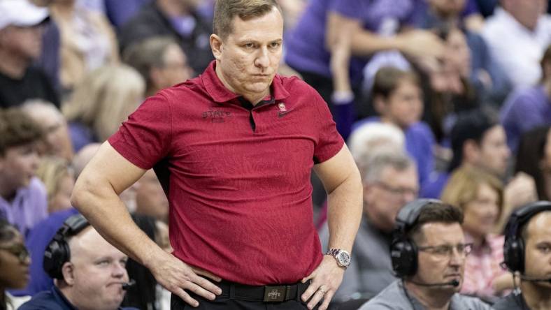 Mar 14, 2024; Kansas City, MO, USA; Iowa State Cyclones head coach TJ Otzelberger looks on during the first half against the Kansas State Wildcats at T-Mobile Center. Mandatory Credit: Amy Kontras-USA TODAY Sports