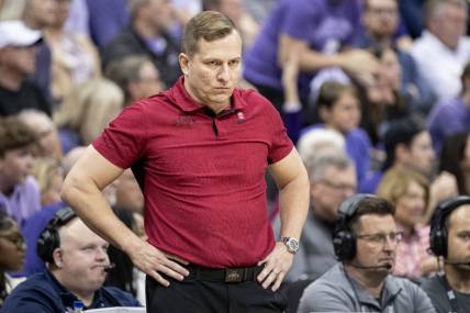Mar 14, 2024; Kansas City, MO, USA; Iowa State Cyclones head coach TJ Otzelberger looks on during the first half against the Kansas State Wildcats at T-Mobile Center. Mandatory Credit: Amy Kontras-USA TODAY Sports