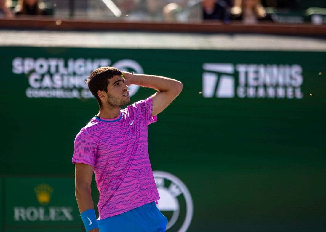 Carlos Alcaraz looks up to see a swarm of bees during his quarterfinal match against Alexander Zverev at BNP Paribas Open in Indian Wells, Calif., Thursday, March 14, 2024.