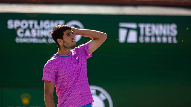 Carlos Alcaraz looks up to see a swarm of bees during his quarterfinal match against Alexander Zverev at BNP Paribas Open in Indian Wells, Calif., Thursday, March 14, 2024.