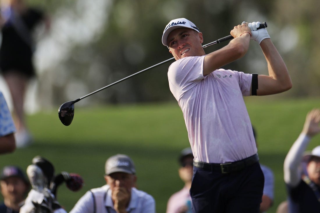 Justin Thomas plays his shot from the 16th tee during the first round of The Players Championship PGA golf tournament Thursday, March 14, 2024 at TPC Sawgrass in Ponte Vedra Beach, Fla.