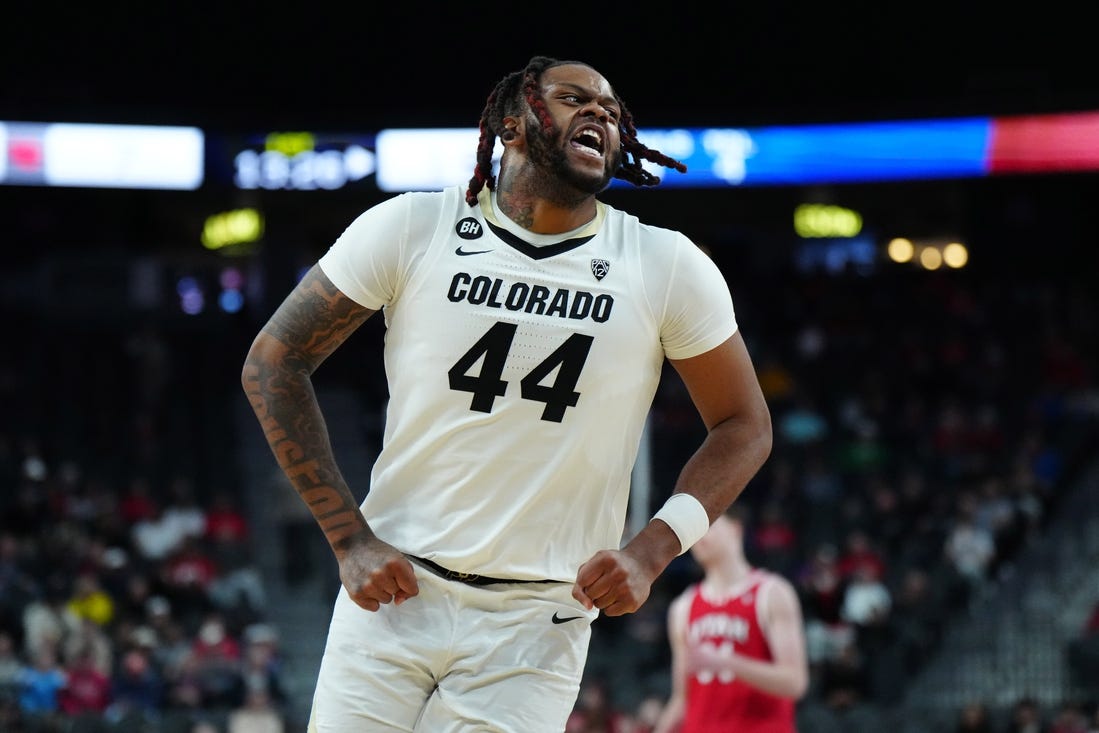 Mar 14, 2024; Las Vegas, NV, USA; Colorado Buffaloes center Eddie Lampkin Jr. (44) celebrates in the first half against the Utah Utes at T-Mobile Arena. Mandatory Credit: Kirby Lee-USA TODAY Sports