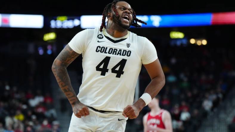 Mar 14, 2024; Las Vegas, NV, USA; Colorado Buffaloes center Eddie Lampkin Jr. (44) celebrates in the first half against the Utah Utes at T-Mobile Arena. Mandatory Credit: Kirby Lee-USA TODAY Sports