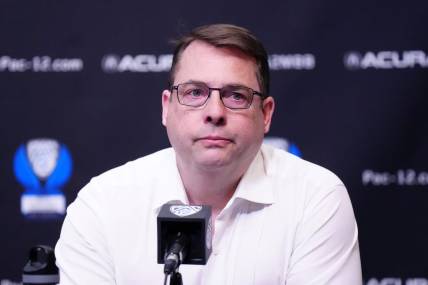 Mar 14, 2024; Las Vegas, NV, USA; Stanford Cardinal head coach Jerod Haase reacts at press conference after the game against the Washington State Cougars at T-Mobile Arena. Mandatory Credit: Kirby Lee-USA TODAY Sports