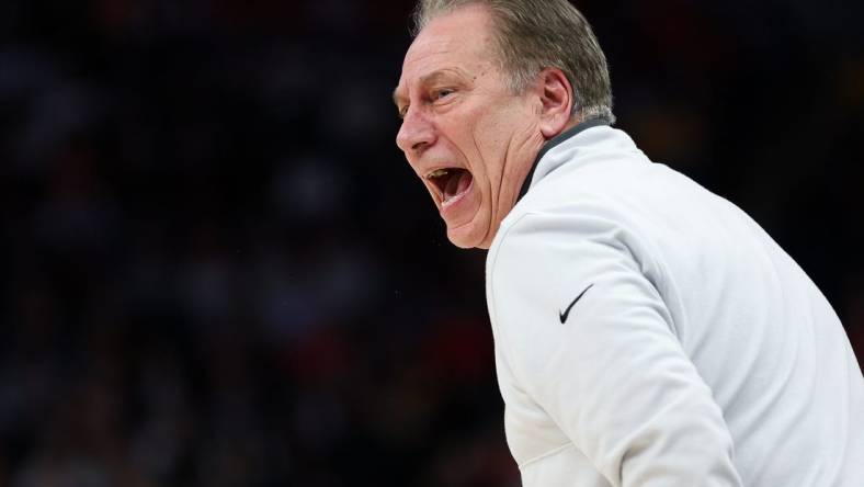 Mar 15, 2024; Minneapolis, MN, USA; Michigan State Spartans head coach Tom Izzo reacts during the second half against the Purdue Boilermakers at Target Center. Mandatory Credit: Matt Krohn-USA TODAY Sports