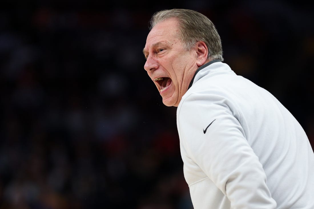 Mar 15, 2024; Minneapolis, MN, USA; Michigan State Spartans head coach Tom Izzo reacts during the second half against the Purdue Boilermakers at Target Center. Mandatory Credit: Matt Krohn-USA TODAY Sports