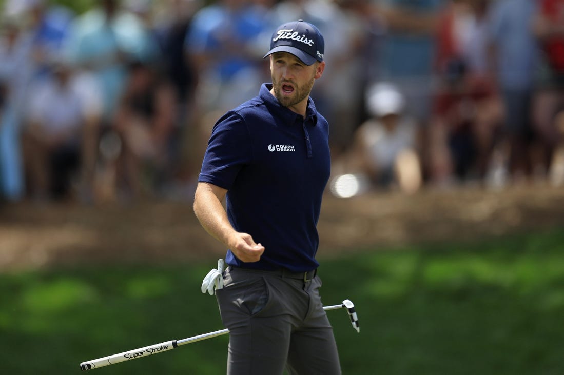 Wyndham Clark talks on the ninth hole during the second round of The Players Championship PGA golf tournament Friday, March 15, 2024 at TPC Sawgrass in Ponte Vedra Beach, Fla. [Corey Perrine/Florida Times-Union]