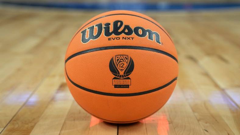 Mar 15, 2024; Las Vegas, NV, USA; A NCAA Wilson evo NXT official game basketball with the Pac-12 Conference logo at T-Mobile Arena. Mandatory Credit: Kirby Lee-USA TODAY Sports