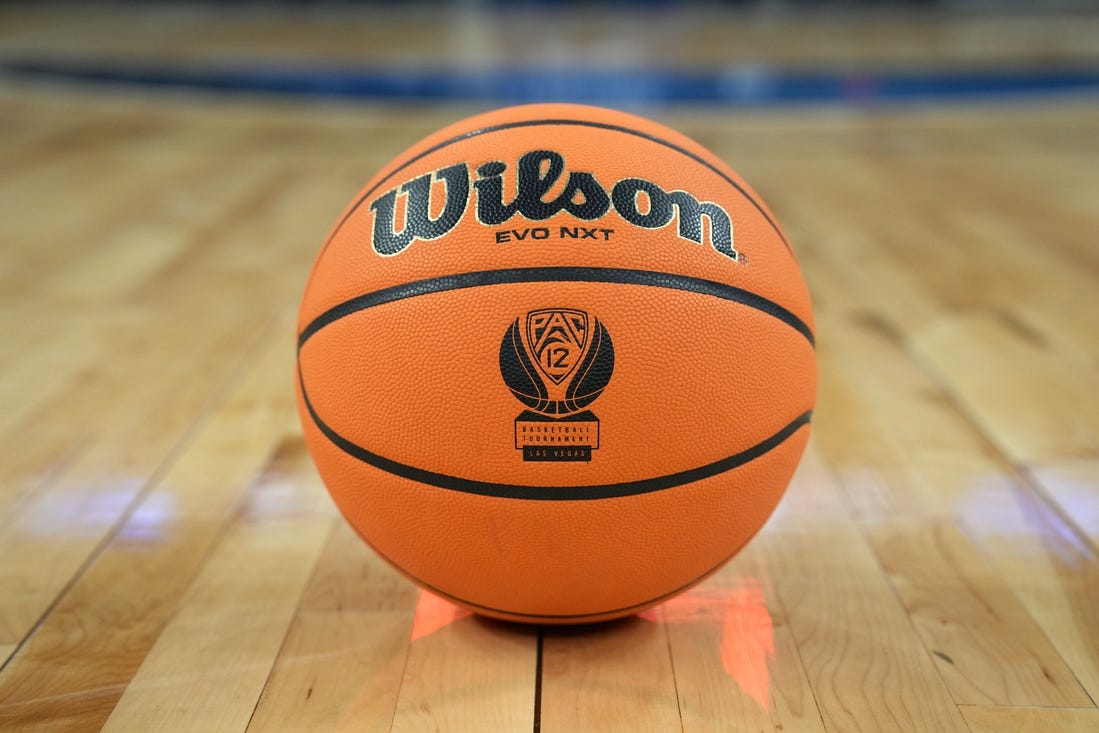 Mar 15, 2024; Las Vegas, NV, USA; A NCAA Wilson evo NXT official game basketball with the Pac-12 Conference logo at T-Mobile Arena. Mandatory Credit: Kirby Lee-USA TODAY Sports