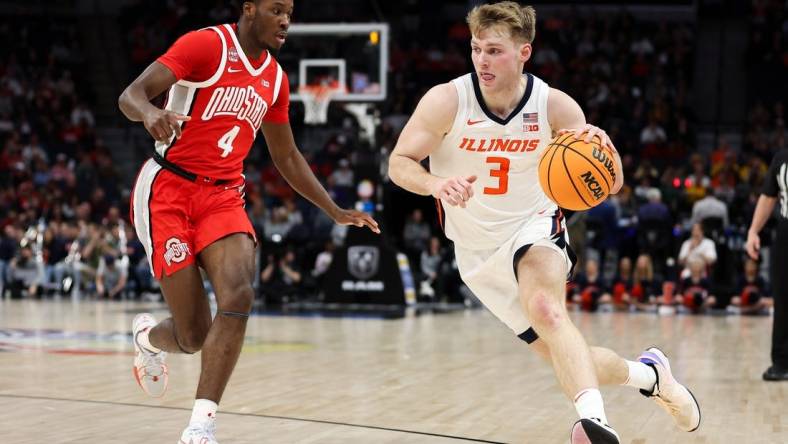 Mar 15, 2024; Minneapolis, MN, USA; Illinois Fighting Illini forward Marcus Domask (3) works around Ohio State Buckeyes guard Dale Bonner (4) during the first half at Target Center. Mandatory Credit: Matt Krohn-USA TODAY Sports