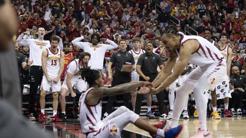 Mar 15, 2024; Kansas City, MO, USA; The Iowa State Cyclones bench celebrates a made basket against the Baylor Bears in the second half at T-Mobile Center. Mandatory Credit: Amy Kontras-USA TODAY Sports