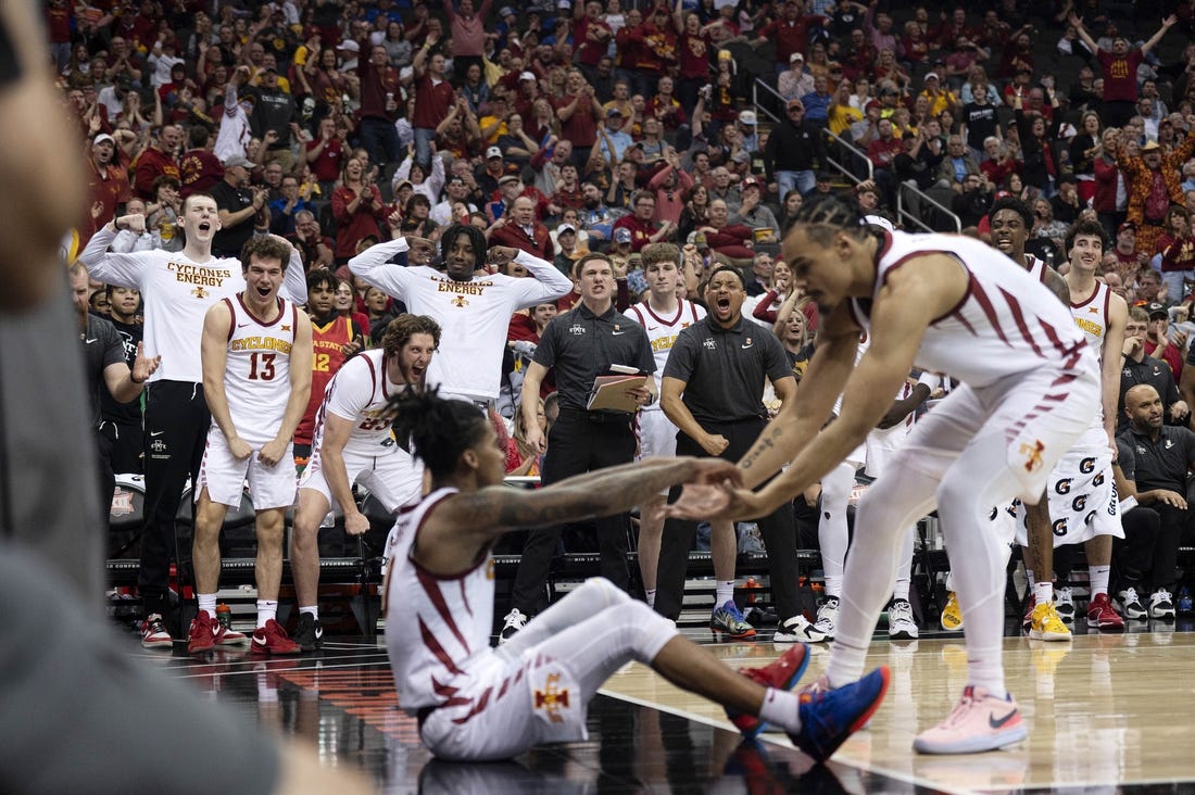 Mar 15, 2024; Kansas City, MO, USA; The Iowa State Cyclones bench celebrates a made basket against the Baylor Bears in the second half at T-Mobile Center. Mandatory Credit: Amy Kontras-USA TODAY Sports