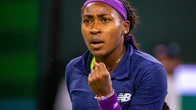 Coco Gauff celebrates a point against Maria Sakkari during the WTA semifinals of the BNP Paribas Open in Indian Wells, Calif., Friday, March 15, 2024.