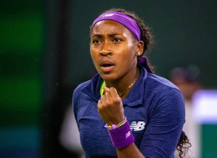 Coco Gauff celebrates a point against Maria Sakkari during the WTA semifinals of the BNP Paribas Open in Indian Wells, Calif., Friday, March 15, 2024.