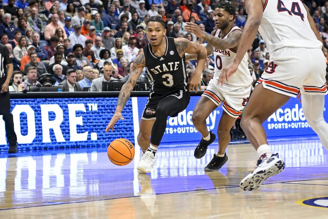 Mar 16, 2024; Nashville, TN, USA;  Mississippi State Bulldogs guard Shakeel Moore (3) controls the ball against the Auburn Tigers during the first half at Bridgestone Arena. Mandatory Credit: Steve Roberts-USA TODAY Sports