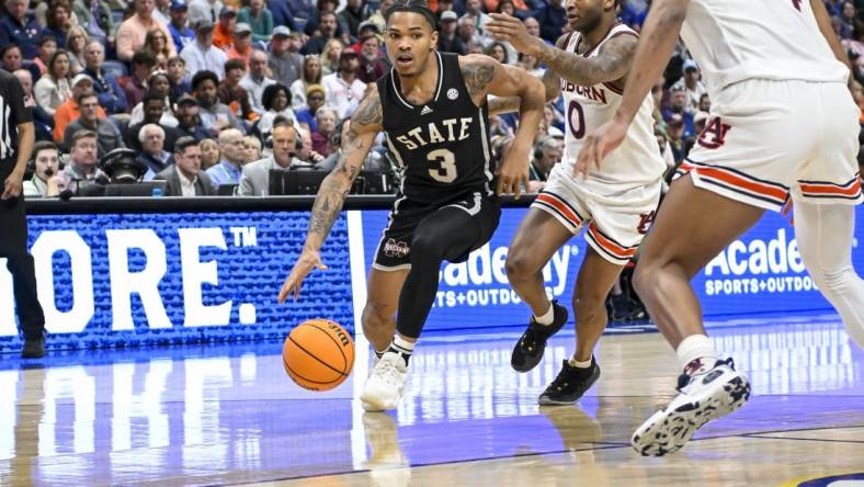 Mar 16, 2024; Nashville, TN, USA;  Mississippi State Bulldogs guard Shakeel Moore (3) controls the ball against the Auburn Tigers during the first half at Bridgestone Arena. Mandatory Credit: Steve Roberts-USA TODAY Sports