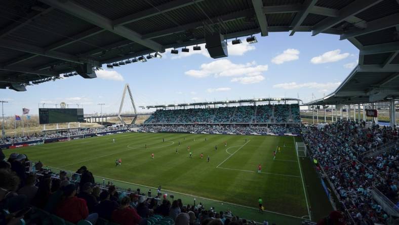 Mar 16, 2024; Kansas City, Missouri, USA; A general view of the pitch between the Portland Thorns FC and Kansas City Current in the second half at CPKC Stadium. Mandatory Credit: Jay Biggerstaff-USA TODAY Sports