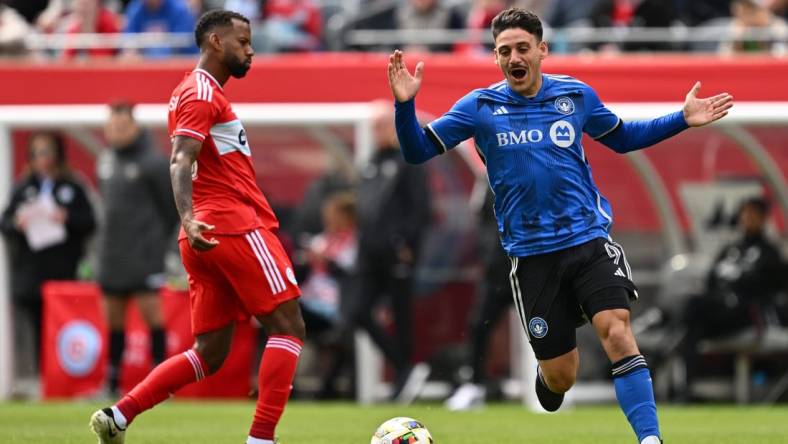 Mar 16, 2024; Chicago, Illinois, USA; CF Montreal forward Matias Coccaro (9) reacts during a play against Chicago Fire FC during the first half at Soldier Field. Mandatory Credit: Jamie Sabau-USA TODAY Sports