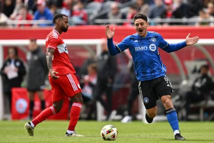 Mar 16, 2024; Chicago, Illinois, USA; CF Montreal forward Matias Coccaro (9) reacts during a play against Chicago Fire FC during the first half at Soldier Field. Mandatory Credit: Jamie Sabau-USA TODAY Sports