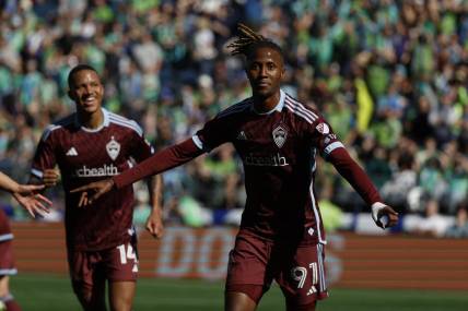 Mar 16, 2024; Seattle, Washington, USA; Colorado Rapids forward Kevin Cabral (91) celebrates scoring against Seattle Sounders FC during the second half against Seattle Sounders FC at Lumen Field. Mandatory Credit: Joe Nicholson-USA TODAY Sports